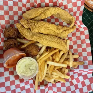 Catfish, fries and hush puppies