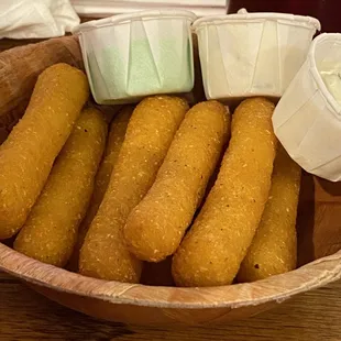 Hush-puppy fingers with jalapeño and regular tartar sauce