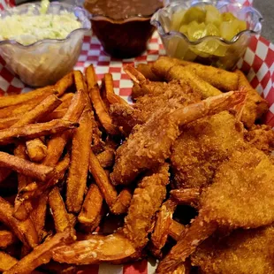 Shrimp with sweet potato fries and fixins