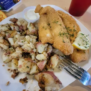 Fried catfish filet with roasted red potatoes
