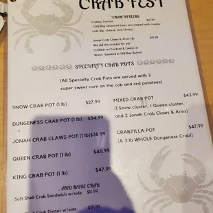 Crab Fest menu