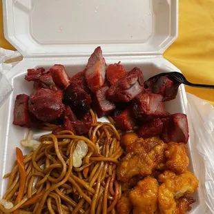 BBQ Pork, Orange chicken, and chow mein