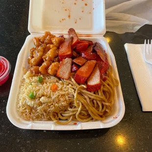 Chow mein. Fried rice, bbq pork and orange chicken