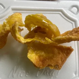 Fried something with a very tiny piece of something.