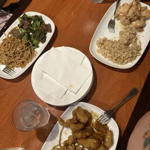 Orange chicken, Broccoli Beef, Honey Shrimp, BBQ Pork Fried Rice