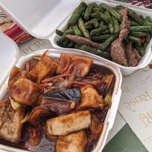 Eggplant with tofu, green bean beef