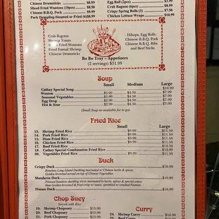 Menu with updated prices 2022