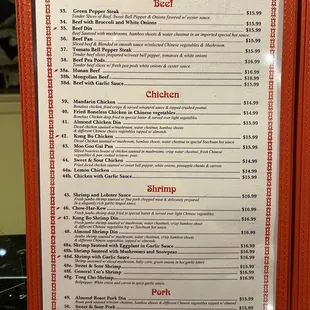 Menu with updated prices 2022