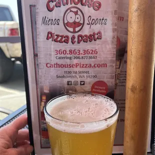 Menu and Cathouse Pizza IPA crafted by Lazy Boy for the restaurant. Menu is clear and easy to navigate. Beer is delish!