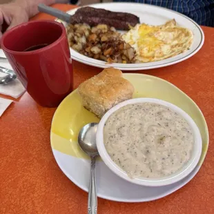 Linguiça and eggs with biscuits and gravy