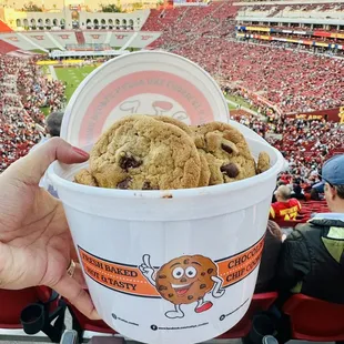 Bucket of Cathy&apos;s Cookies at LA Coliseum! 36 fresh chocolate chip cookies for $27. SO GOOD!!