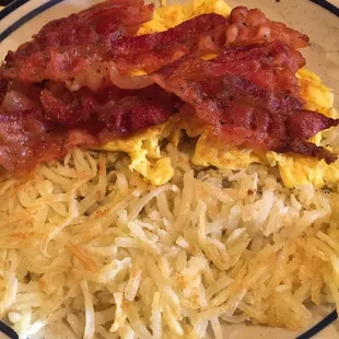 scrambled eggs, bacon, hash browns!