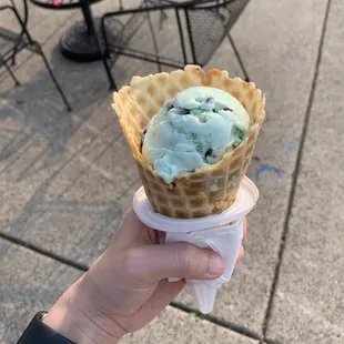 Homemade Mint Choc-Chip in a waffle cone