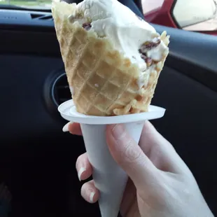 Homade waffle cone, still warm AND plastic cone holder so no drips!!