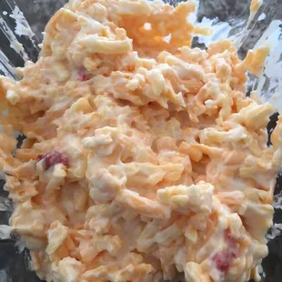 Homemade pimento cheese. Decent, but low on pimentos and I think made with Miracle Whip instead of mayo.