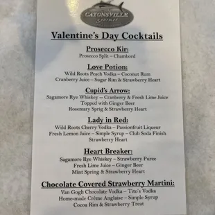 a menu for valentine's day cocktails