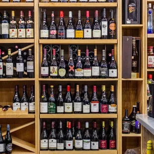 a wall of wine bottles