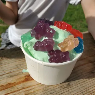Grasshopper ice cream with gummy bears