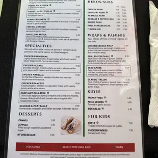 Backside of the menu as of 1/29/25