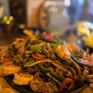 Steak and shrimp fajitas