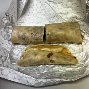T-Town Burrito top) Breakfast Chorizo Taco (bottom)