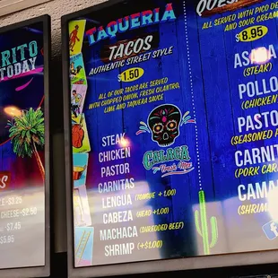 Taco menu and prices