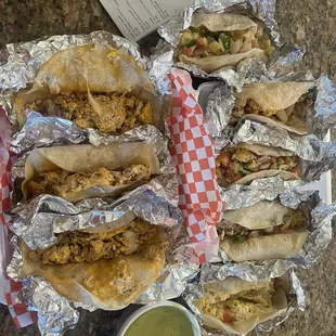 Breakfast tacos - barbacoa, chorizo and potato.