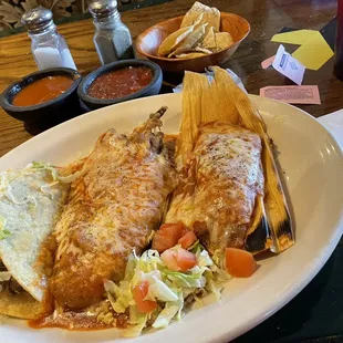 Three combo plate. Beef taco, tamales and Chile Relleno.
