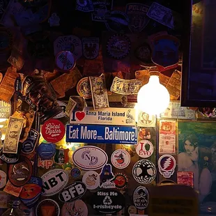 a variety of stickers on the wall