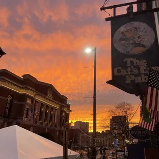 a street scene at sunset