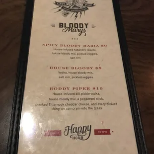 Bloody Mary menu