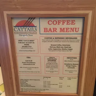the menu for the coffee bar
