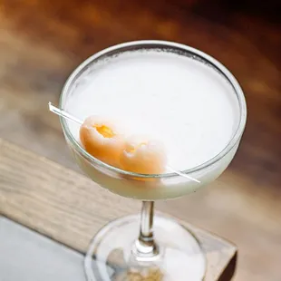 Lychee coconut martini: balance of heavy coconut flavor with delicate lychee's gentle rose-strawberry flavors. vodka, lychee juice, lime