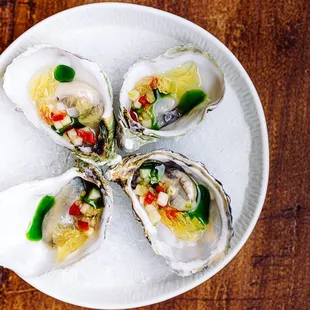 kimamoto oysters. apple fennel mignonette, miller-dohrmann apple cider gelee, chive oil.  a must.