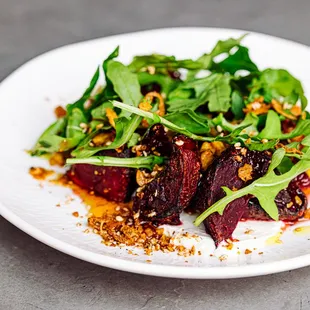 longwalk beets cooked to perfect. labneh, toasted yeast cocoa rub, fig gastrique, crunchy chickpeas, arugula.
