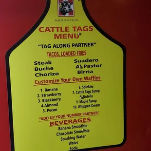a menu for cattle tags
