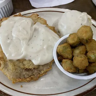 Chicken fried steak and mashed potatoes, both with cream gravy (no sausage), fried okra $13.99