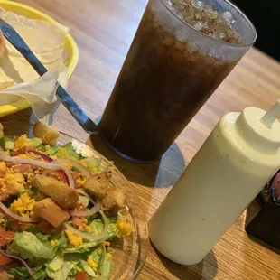 a plate of food and a drink