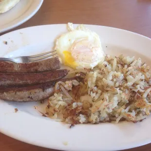 Two eggs, hash, and links. Ohh yeah but they missed an egg and my toast. Oops!