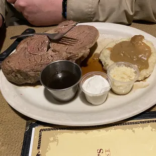 Rib eye, with canned mashed potatoes and canned gravy.