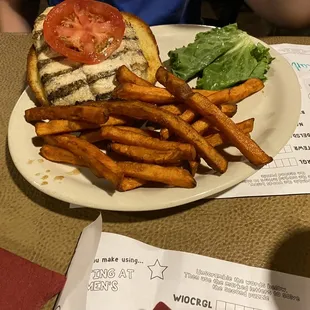 Chicken sandwich with sweet potato fries
