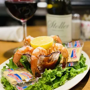fabulous shrimp cocktail appetizer at the open seating front bar.