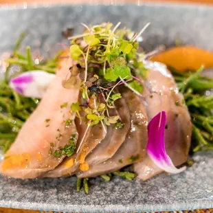 Hamachi Crudo: Sea Asparagus, Lemon-Orange Zest Extra Virgin Olive Oil
