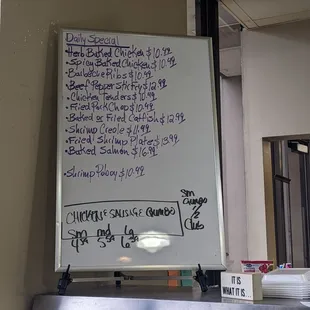 a menu on a whiteboard