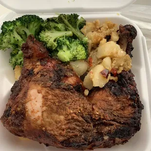 Spicy baked chicken, broccoli, and potatoes