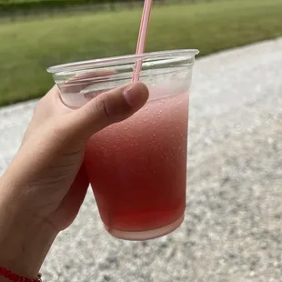a hand holding a glass of watermelon