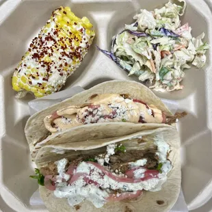 Pulled Pork Tacos (chipotle &amp; cilantro lime cremas), Southwest Slaw &amp; Street Corn