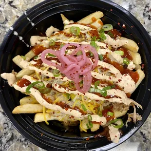 Loaded Fries w/Pulled Pork, Queso, BBQ Sauce, Chipotle Crema &amp; Pickled Red Onions