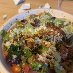 Rice + veggies + honey chicken + all the dressings