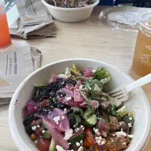 Lemon Chicken salad, BF&apos;s bowl, jasmine iced tea.